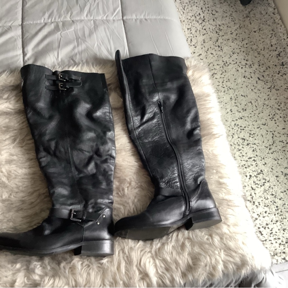 Black leather wide foot and calf over the knee boots